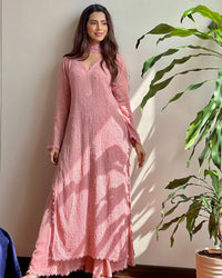 Thumbnail for Malishka Women's Peach Georgette Embroidered Straight Kurta Sharara With Dupatta