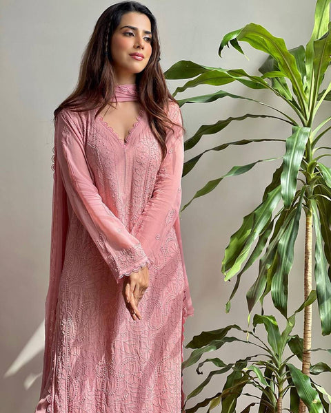 Malishka Women's Peach Georgette Embroidered Straight Kurta Sharara With Dupatta