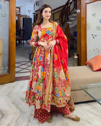 Thumbnail for Malishka Women's Red Cotton Floral Anarkali Kurta Palazzo With Dupatta