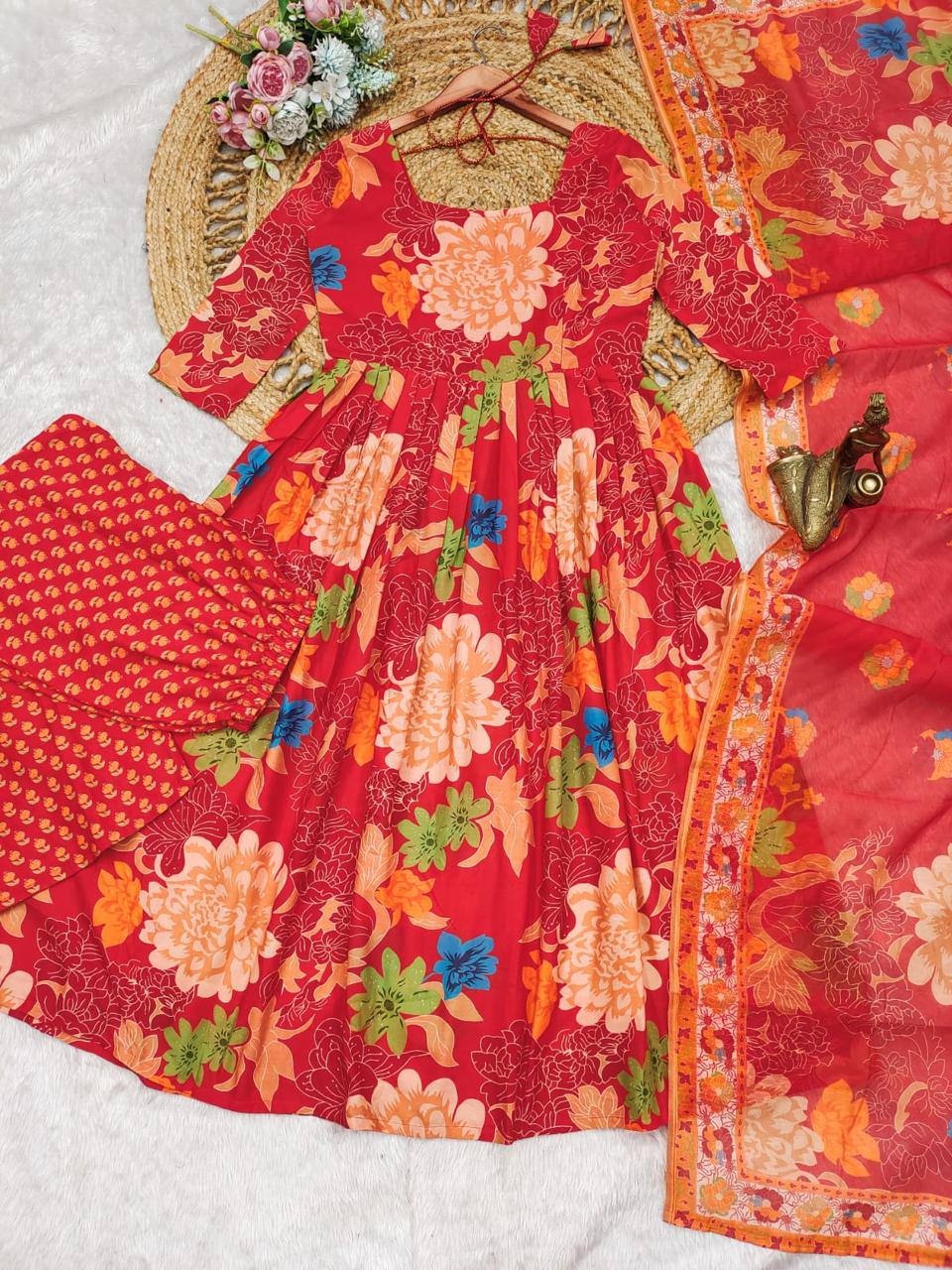 Malishka Women's Red Cotton Floral Anarkali Kurta Palazzo With Dupatta