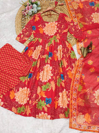 Thumbnail for Malishka Women's Red Cotton Floral Anarkali Kurta Palazzo With Dupatta