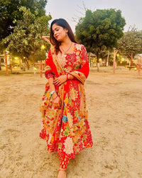 Thumbnail for Malishka Women's Red Cotton Floral Anarkali Kurta Palazzo With Dupatta