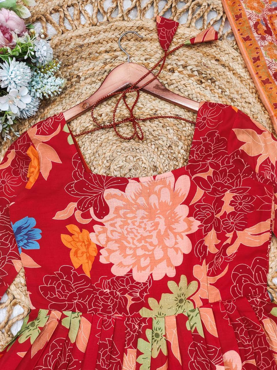 Malishka Women's Red Cotton Floral Anarkali Kurta Palazzo With Dupatta