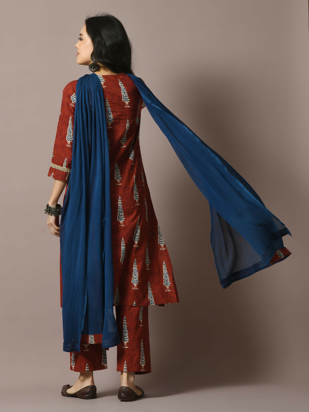 Myshka Women's Rust Printed Cotton Straight Party Kurta Set With Dupatta - Distacart