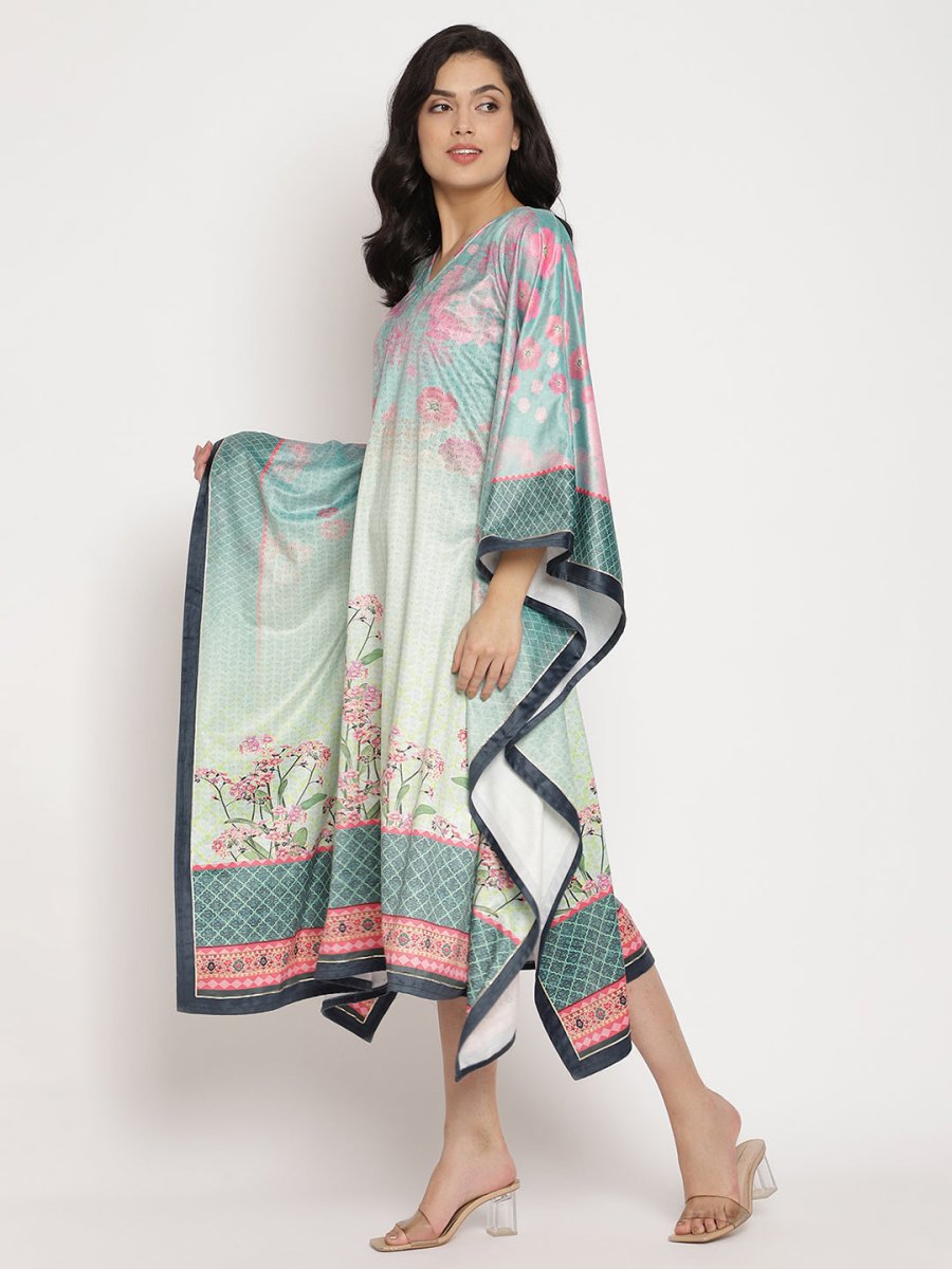 Ahalyaa Women's Sea Green Digital Print Velvet Kaftan