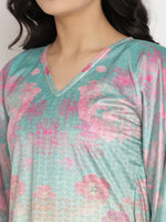 Thumbnail for Ahalyaa Women's Sea Green Digital Print Velvet Kaftan