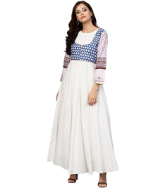 Thumbnail for Ahalyaa White And Blue Printed Flare Cotton Jacket Kurta For Women
