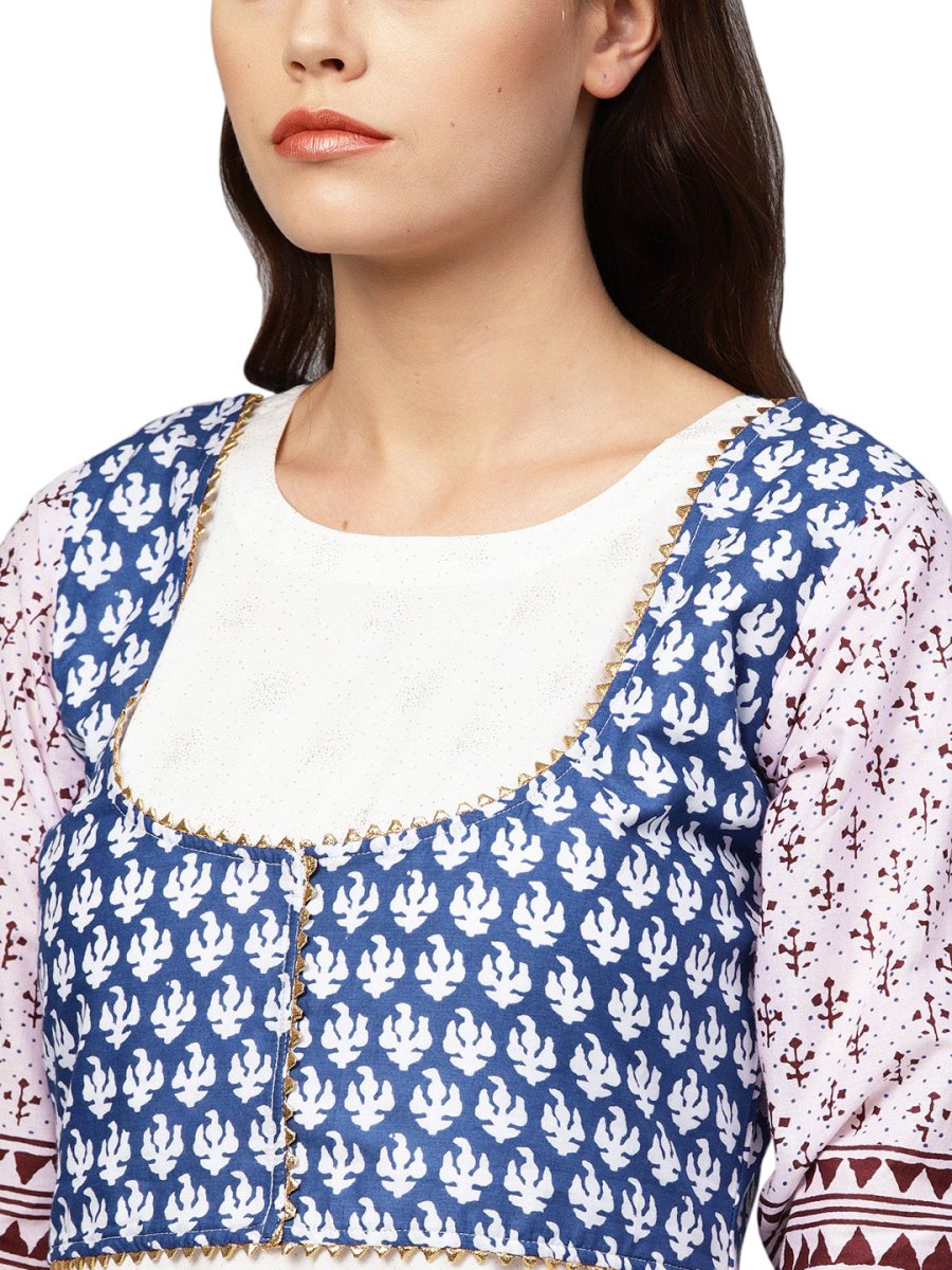Ahalyaa White And Blue Printed Flare Cotton Jacket Kurta For Women