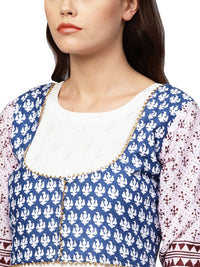 Thumbnail for Ahalyaa White And Blue Printed Flare Cotton Jacket Kurta For Women