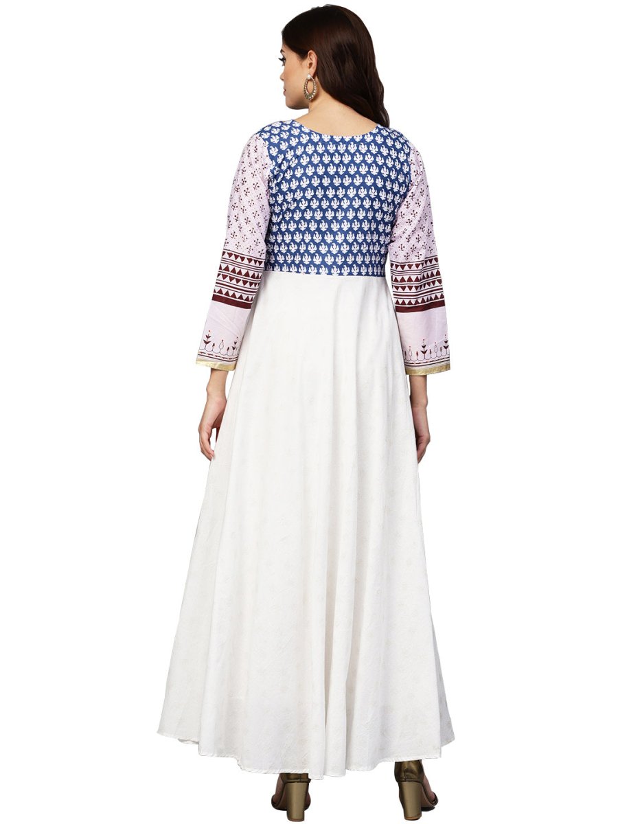 Ahalyaa White And Blue Printed Flare Cotton Jacket Kurta For Women