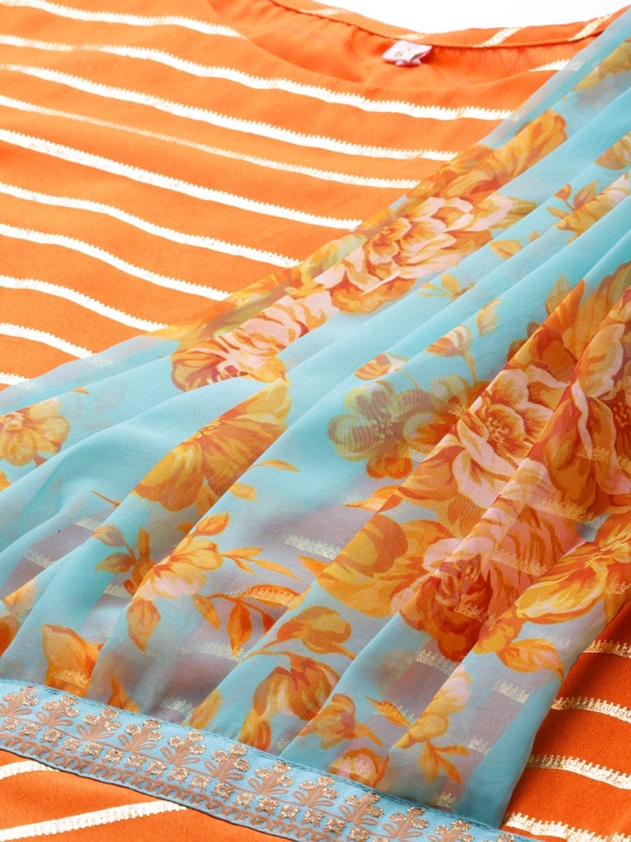 Ahalyaa Women Orange & Gold Ethnic Kurta Saree Dress