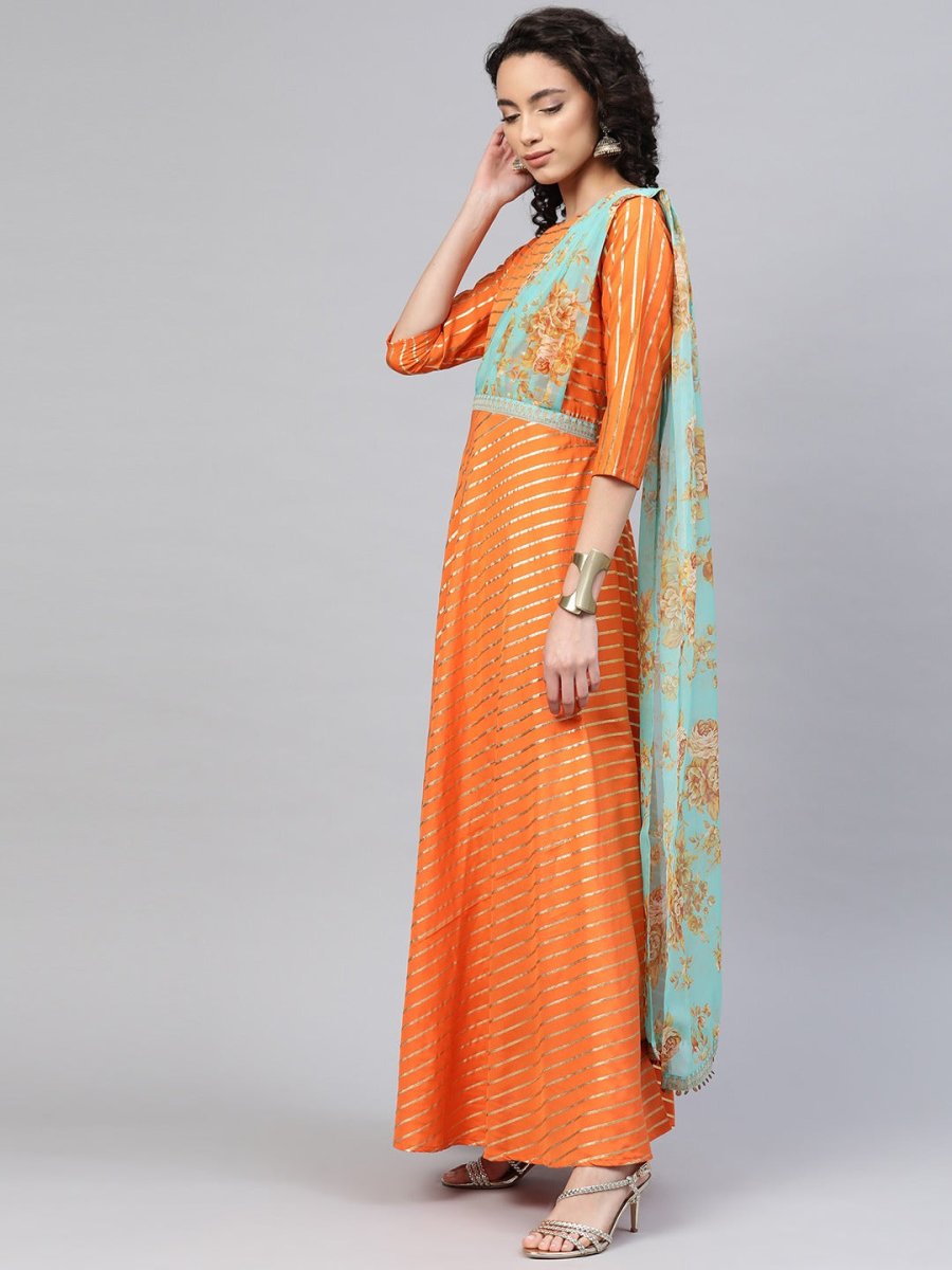 Ahalyaa Women Orange & Gold Ethnic Kurta Saree Dress