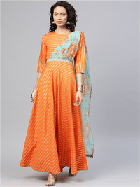Thumbnail for Ahalyaa Women Orange & Gold Ethnic Kurta Saree Dress