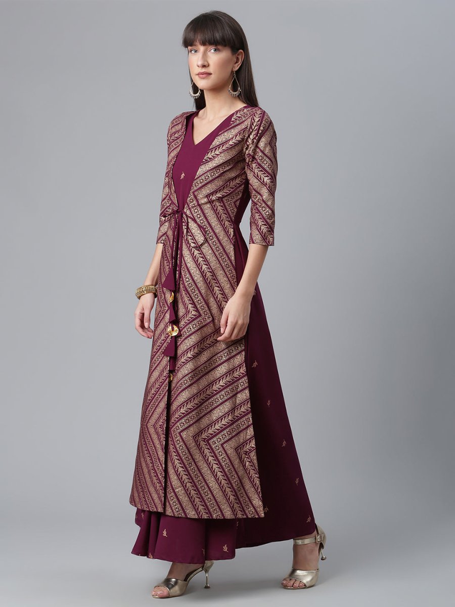 Ahalyaa Crepe Wine Glitter Print Kurta With Jacket - Distacart