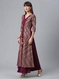 Thumbnail for Ahalyaa Crepe Wine Glitter Print Kurta With Jacket - Distacart