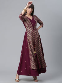 Thumbnail for Ahalyaa Crepe Wine Glitter Print Kurta With Jacket - Distacart