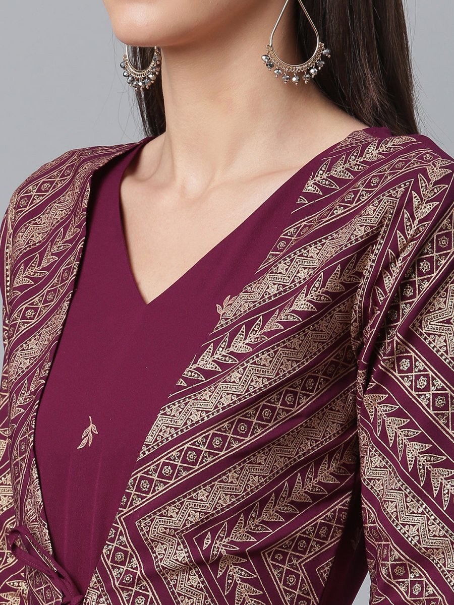 Ahalyaa Crepe Wine Glitter Print Kurta With Jacket - Distacart