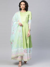 Thumbnail for Ahalyaa Women Beautiful Lime Green & Blue Solid Angrakha Kurta With Screen Printed Dupatta