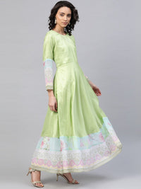 Thumbnail for Ahalyaa Women Beautiful Lime Green & Blue Solid Angrakha Kurta With Screen Printed Dupatta