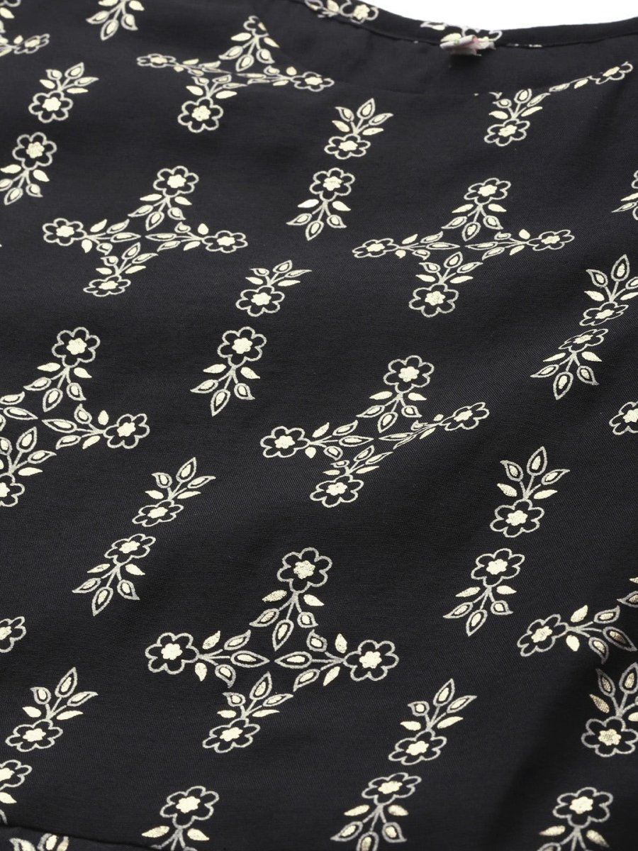 Ahalyaa Women Black & Golden Foil Ethnic Moti Printed Floral Kurta With Dupatta