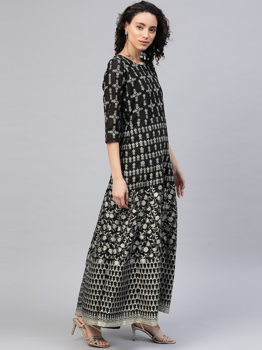 Ahalyaa Women Black & Golden Foil Ethnic Moti Printed Floral Kurta With Dupatta