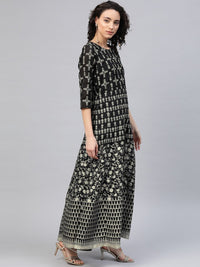 Thumbnail for Ahalyaa Women Black & Golden Foil Ethnic Moti Printed Floral Kurta With Dupatta