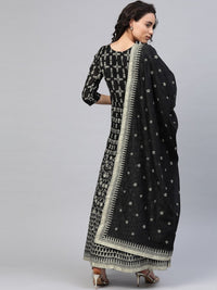 Thumbnail for Ahalyaa Women Black & Golden Foil Ethnic Moti Printed Floral Kurta With Dupatta