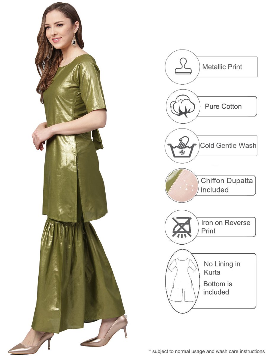 Ahalyaa Shimmer Green Cotton Kurta Gharara With Peach Dupatta