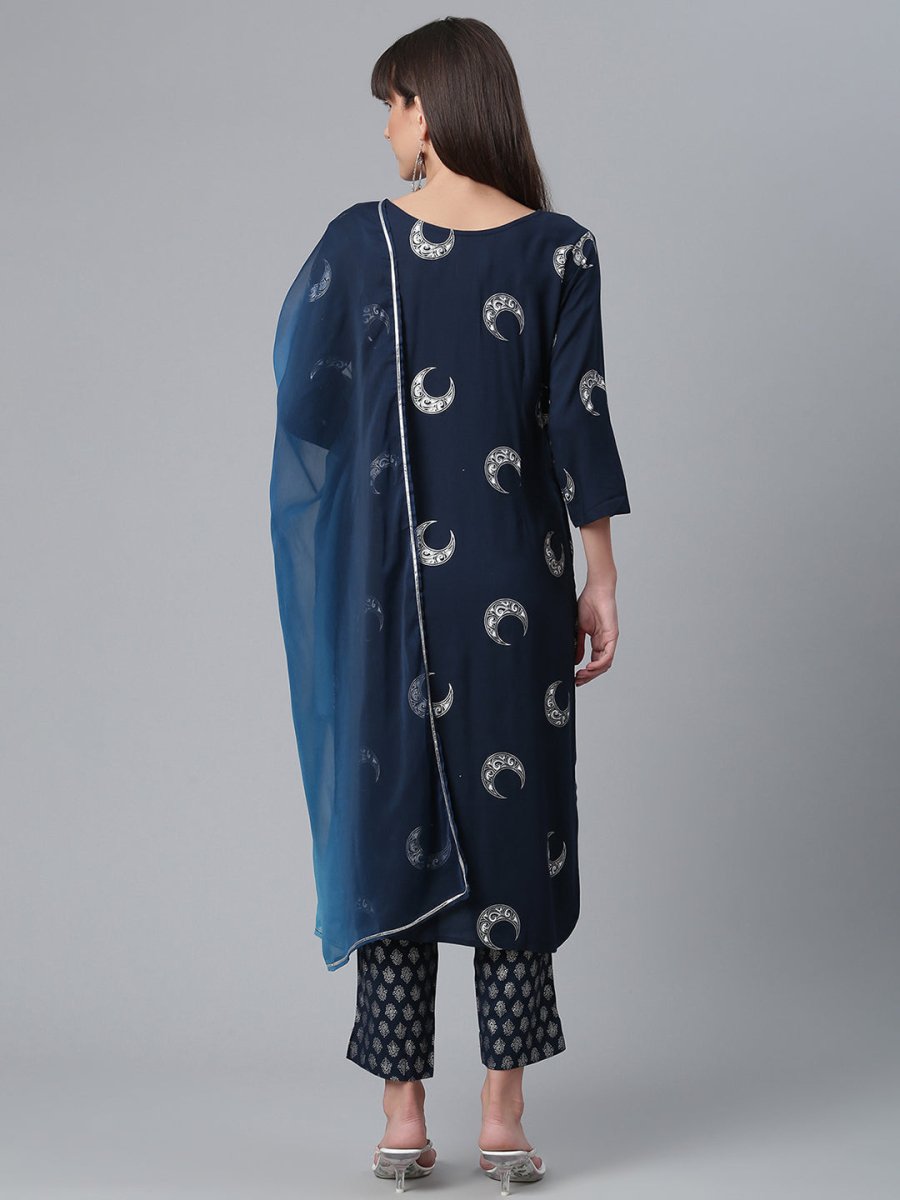 Ahalyaa Women Navy Blue Printed Regular Kurta With Trousers & Dupatta