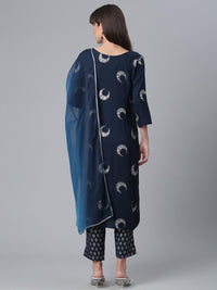 Thumbnail for Ahalyaa Women Navy Blue Printed Regular Kurta With Trousers & Dupatta