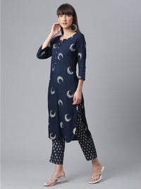 Thumbnail for Ahalyaa Women Navy Blue Printed Regular Kurta With Trousers & Dupatta