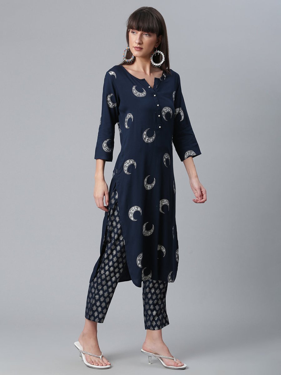 Ahalyaa Women Navy Blue Printed Regular Kurta With Trousers & Dupatta