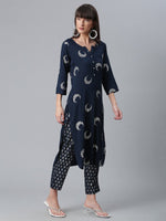 Thumbnail for Ahalyaa Women Navy Blue Printed Regular Kurta With Trousers & Dupatta