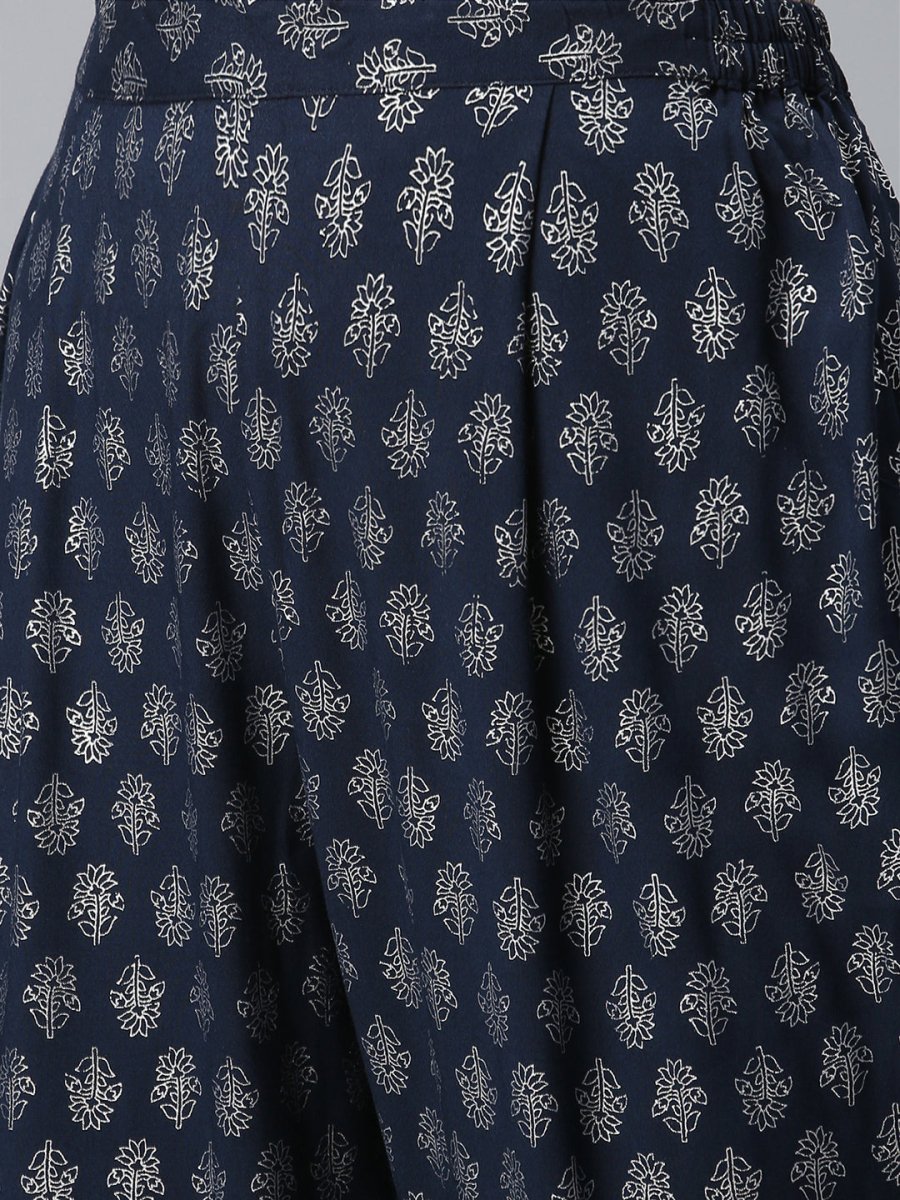 Ahalyaa Women Navy Blue Printed Regular Kurta With Trousers & Dupatta