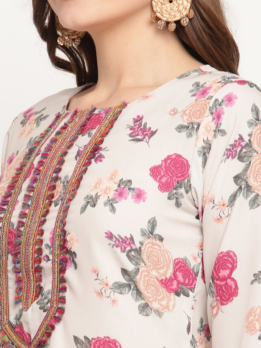 Ahalyaa Floral Printed Round Neck Floral Crepe Straight Kurta - Distacart