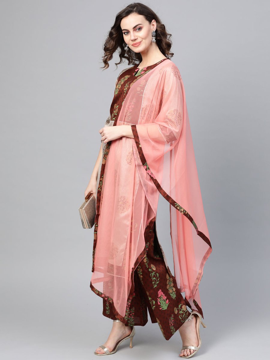 Ahalyaa Women Grey & Coffee Brown Printed Kurta with Palazzo & Dupatta