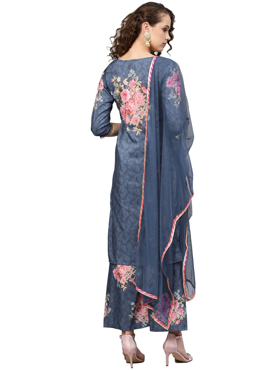 Ahalyaa Women Blue & Pink Printed Kurta with Palazzos & Dupatta