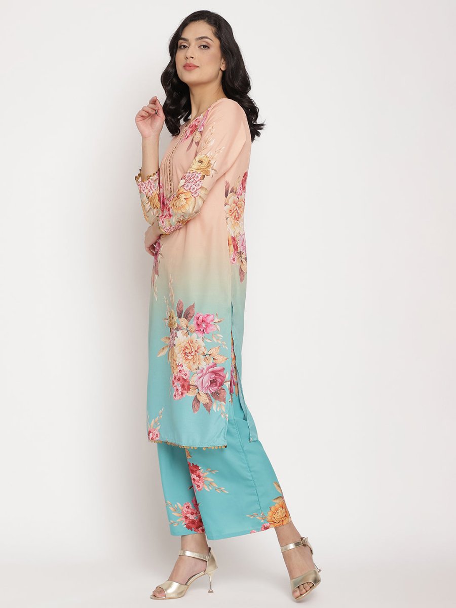 Ahalyaa Women Peach-Coloured Floral Printed Regular Sequinned Kurta With Palazzos & Dupatta