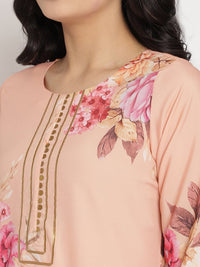 Thumbnail for Ahalyaa Women Peach-Coloured Floral Printed Regular Sequinned Kurta With Palazzos & Dupatta