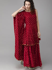 Thumbnail for Ahalyaa Women Maroon & Gold-Toned Printed Kurti With Sharara & Dupatta