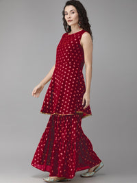 Thumbnail for Ahalyaa Women Maroon & Gold-Toned Printed Kurti With Sharara & Dupatta