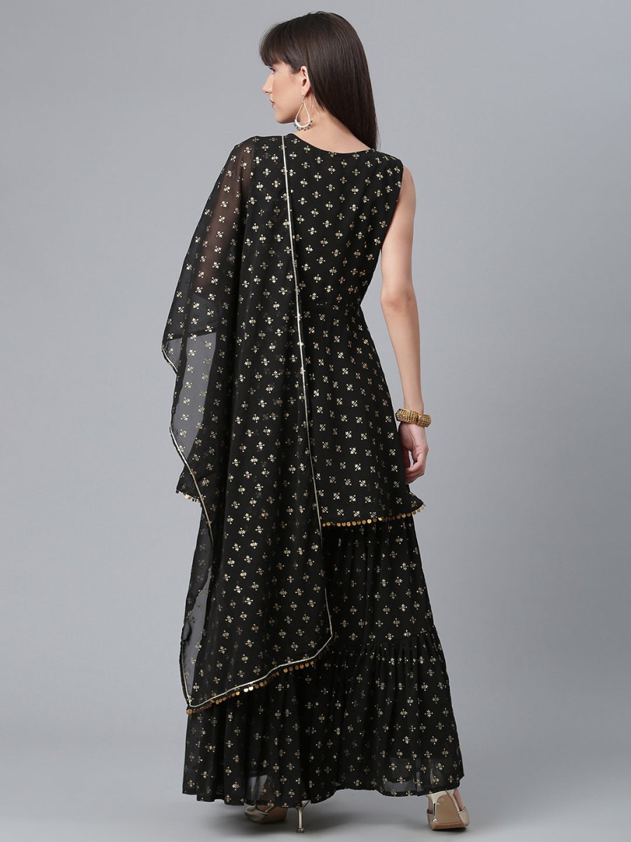 Ahalyaa Women Black Ethnic Motifs Printed Empire Kurta With Sharara & Dupatta