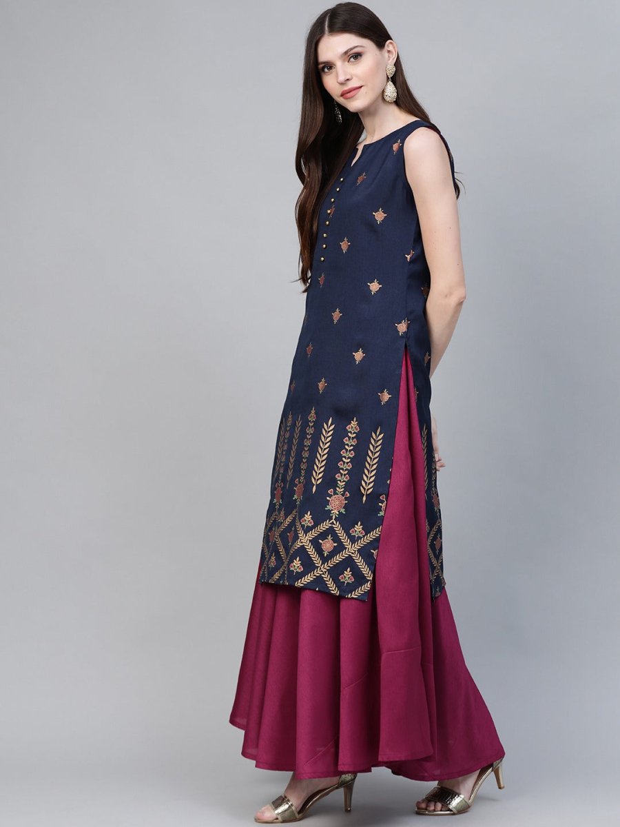 Ahalyaa Women Navy Blue & Magenta Ethnic Sreen Printed Layered Maxi Dress