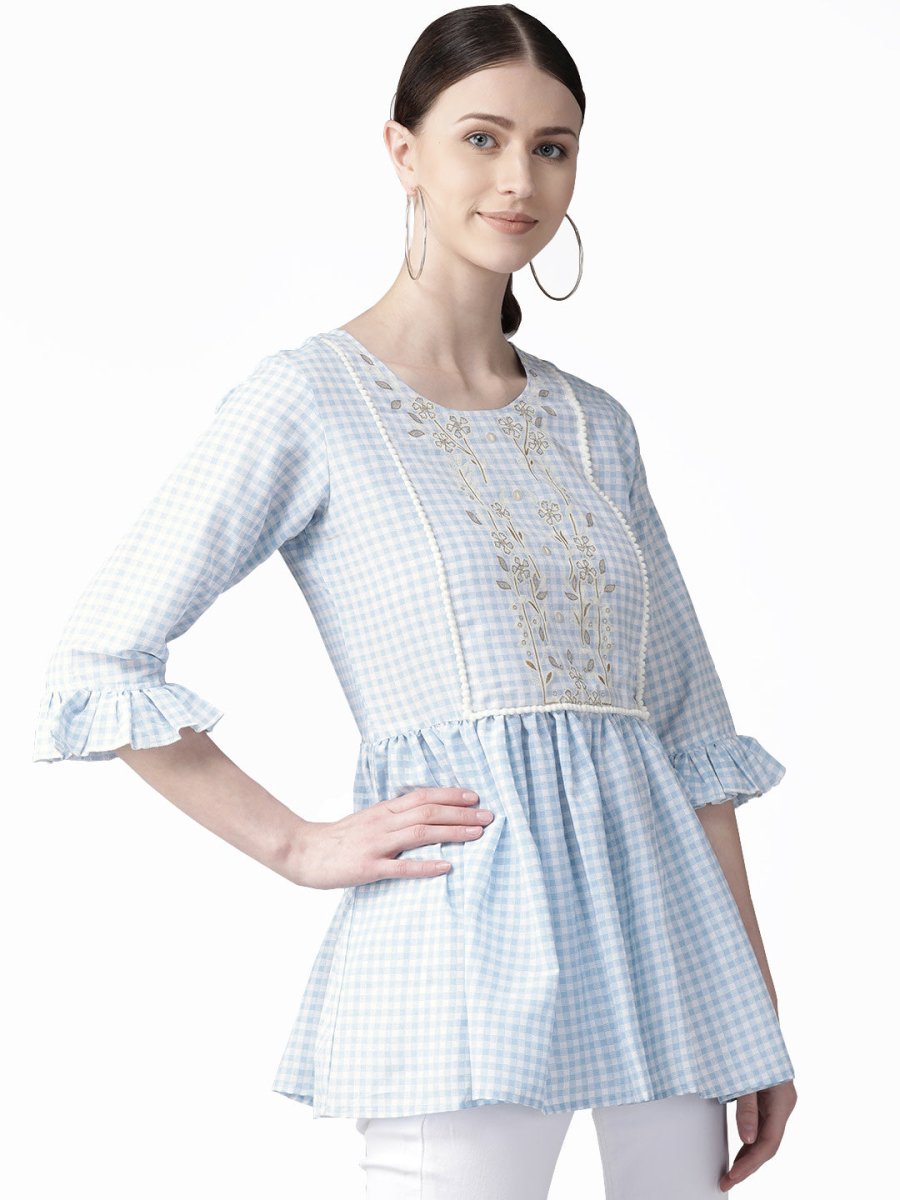Ahalyaa Women Blue & White Checked A-Line Top