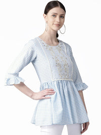 Thumbnail for Ahalyaa Women Blue & White Checked A-Line Top