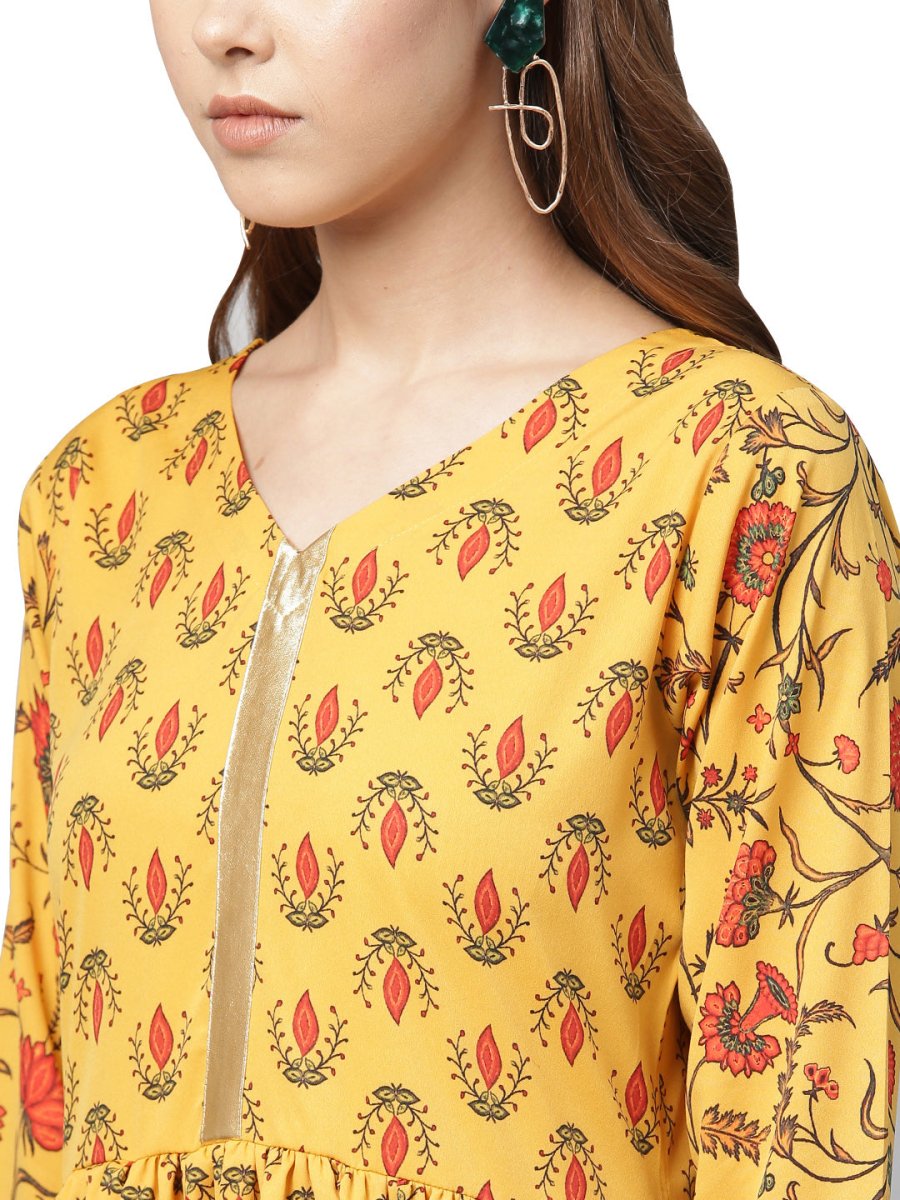Ahalyaa Mustard Gathered Printed Kurta With Pant