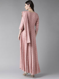 Thumbnail for Ahalyaa Pink & Golden Printed Maxi Dress With Attached Dupatta