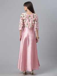 Thumbnail for Ahalyaa Art Silk Pink Solid Kurta With Attached Floral Print Jacket