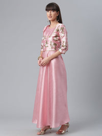 Thumbnail for Ahalyaa Art Silk Pink Solid Kurta With Attached Floral Print Jacket