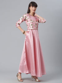 Thumbnail for Ahalyaa Art Silk Pink Solid Kurta With Attached Floral Print Jacket